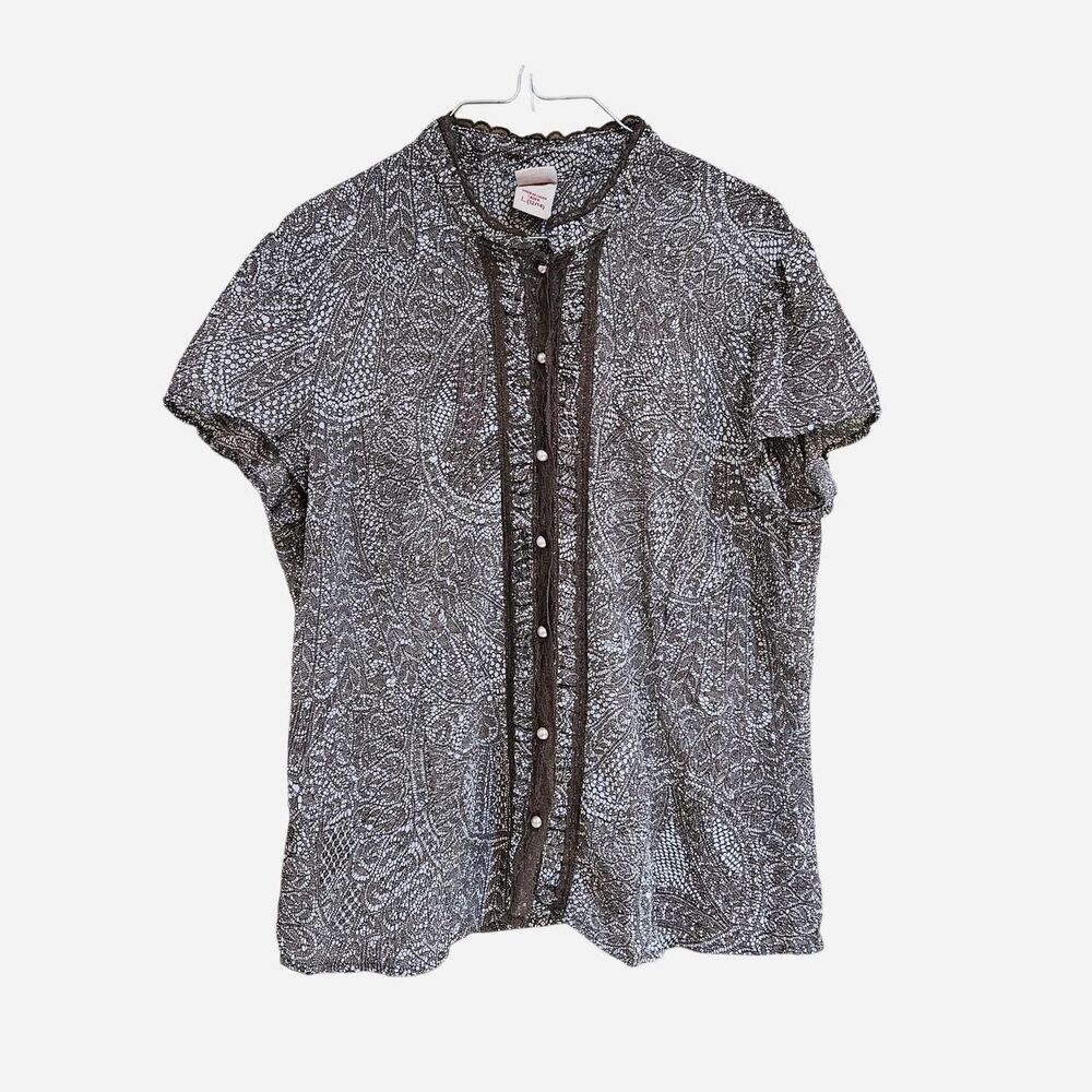 y2k fairy grunge brown lace print button up blouse
